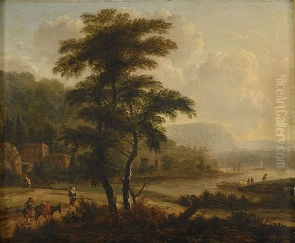 Sydlandskt Landskap Med Bonder Och Fiskare Vid Strand Oil Painting by Jan Gabrielsz Sonje