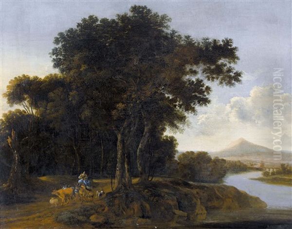 Flusslandschaft Mit Reitender Hirtin Und Vieh Oil Painting by Jan Gabrielsz Sonje