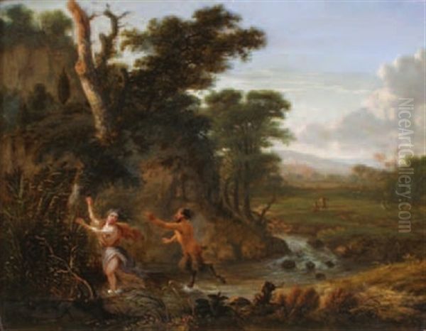 Nymphe Et Satyre Dans Un Paysage De Riviere Oil Painting by Jan Gabrielsz Sonje