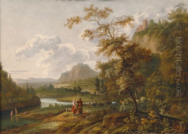 River Scenery With A Castle And Shepherds Oil Painting by Jan Gabrielsz Sonje