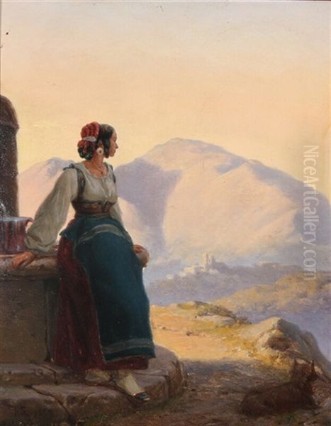 An Italian Woman By A Fontain Oil Painting by Jorgen Valentin Sonne