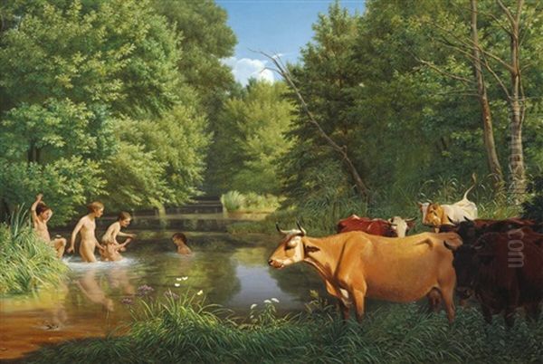 By The Brook A Hot Summer Day Oil Painting by Jorgen Valentin Sonne