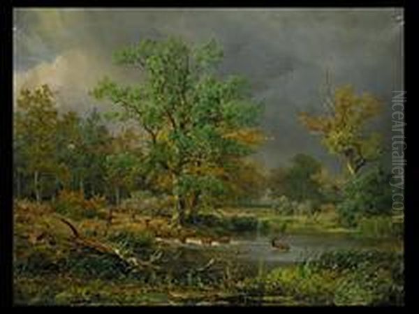 Gewitterstimmung Mit Weiher Und Hirschen Oil Painting by Hans Heinrich Jurgen Brandes