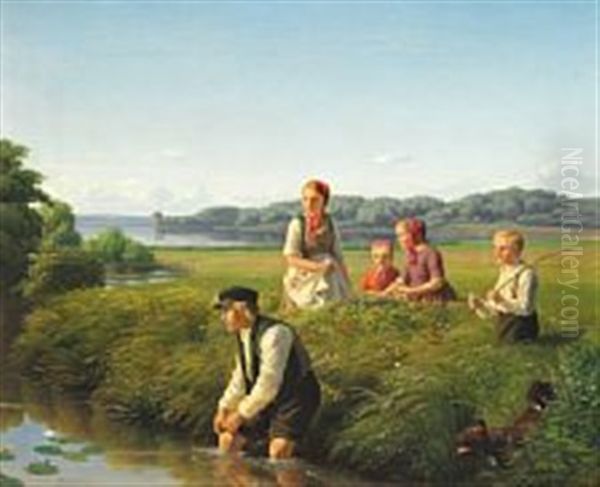 Farmer Boy Picking A Water Lily To His Girlfriend On A Nice Summer Day Oil Painting by Jorgen Valentin Sonne