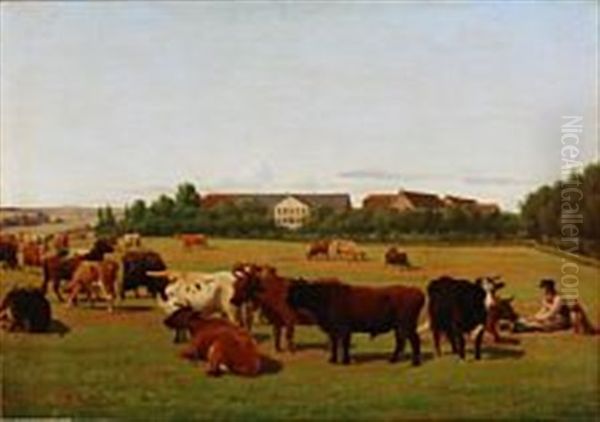 Cows On The Field Near Esrumgard, Denmark Oil Painting by Jorgen Valentin Sonne