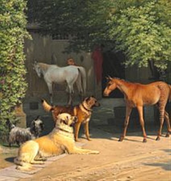 Morning At The Stable Door Oil Painting by Jorgen Valentin Sonne