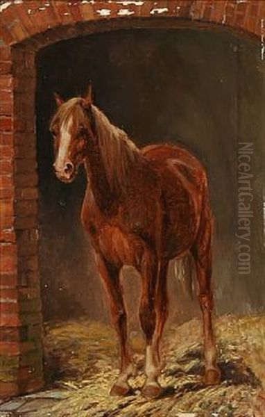 A Horse In A Shed Opening Oil Painting by Jorgen Valentin Sonne