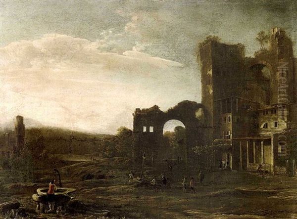 Paysage Italianisant Avec Ruines Anime De Personnages Oil Painting by Hendrick Sonnius