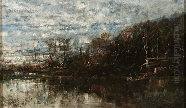 Landscape With Lake, Canoe, And Cottage Oil Painting by William Louis Sonntag