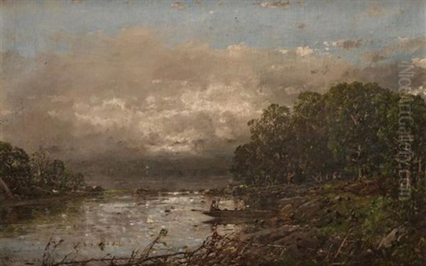 Anglers By A Wood Oil Painting by William Louis Sonntag