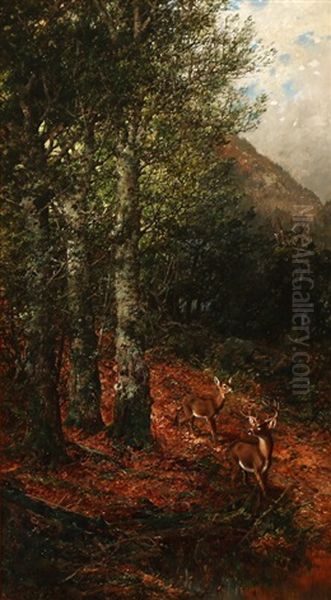 Mountainous Landscape With Whitetail Deer Oil Painting by William Louis Sonntag