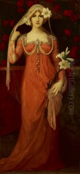 Dame In Rotem Kleid Oil Painting by Elisabeth Sonrel