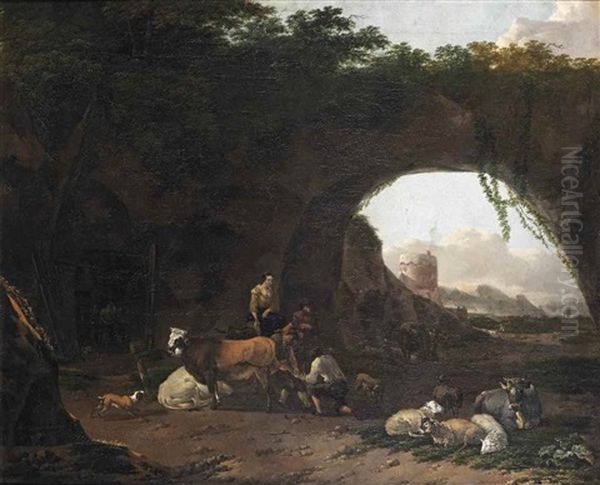 An Italianate Landscape With Herdsmen At The Blacksmith Before An Archway, A Chalkoven In The Distance Oil Painting by Jan Frans Soolmaker