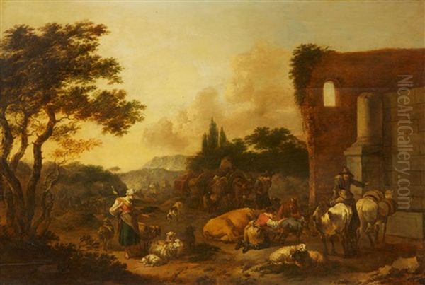 An Italianate Landscape With Shepherds And Ca Oil Painting by Jan Frans Soolmaker