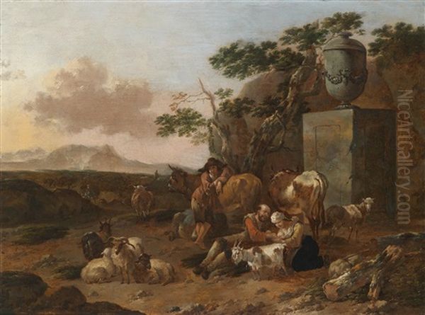 Sudliche Landschaft Mit Rastenden Hirten Vor Einem Romischen Monument by Jan Frans Soolmaker