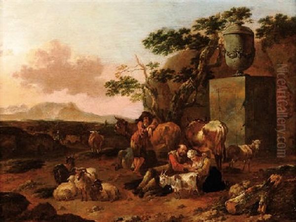 Bergers Et Troupeau Dans Un Paysage Oil Painting by Jan Frans Soolmaker