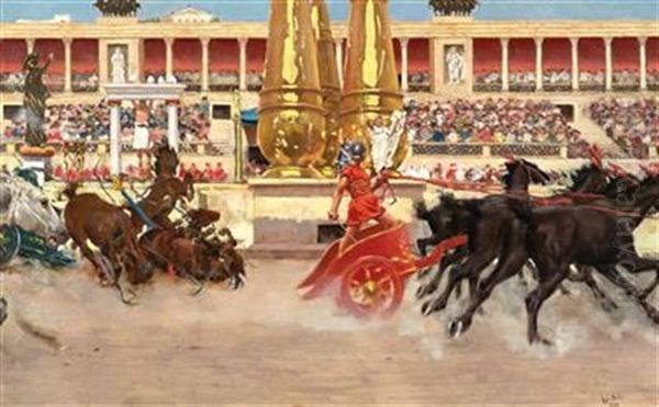 Chariot Racing At The Circus Oil Painting by Raffaello Sorbi