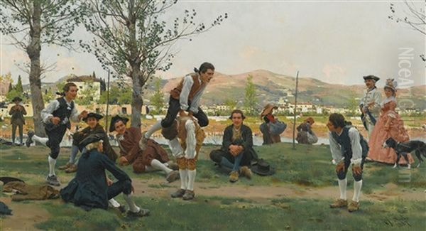 Saltarello Cavallucio (a Game Of Leapfrog) Oil Painting by Raffaello Sorbi