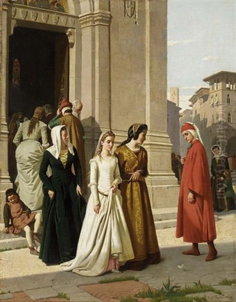 Dante Che Incontra Beatrice Oil Painting by Raffaello Sorbi