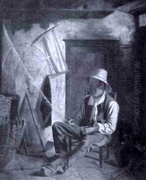 Man Mending A Fishing Net Oil Painting by Albert Sorcall