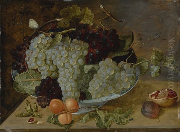 Still Life Of Grapes, Peaches, And A Pomegranate On Stone Ledge Oil Painting by Isaac Soreau