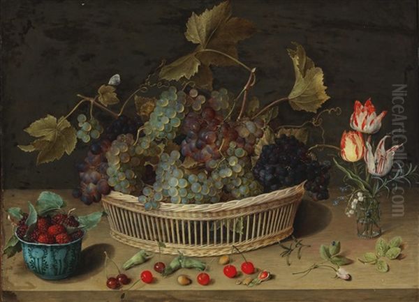 A Still Life Of Fruit And Flowers With Grapes In A Wicker Basket Oil Painting by Isaac Soreau