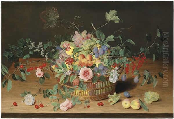 Still Life With A Basket Of Flowers And Fruit Oil Painting by Isaac Soreau