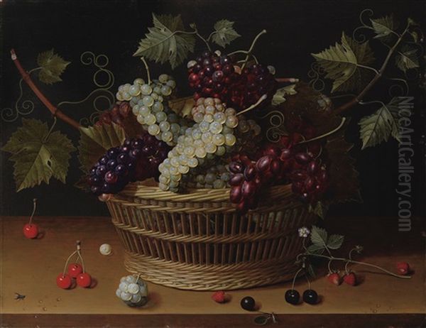 Nature Morte A La Corbeille De Raisins, Cerises Et Branche De Fraisier Sur Un Entablement Oil Painting by Isaac Soreau