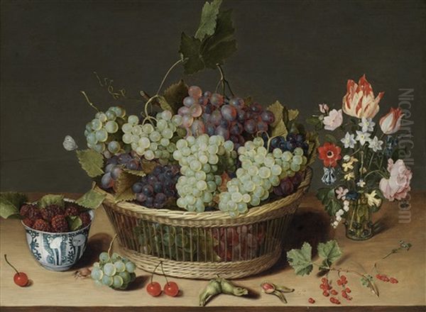 A Still Life Of Grapes In A Basket, Mulberries In A Wanli Kraak Porcelain Bowl And Flowers In A Glass Vase On A Stone Ledge Oil Painting by Isaac Soreau