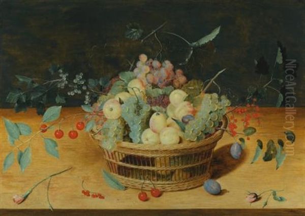 Still Life Of Fruit In A Basket On A Ledge by Isaac Soreau