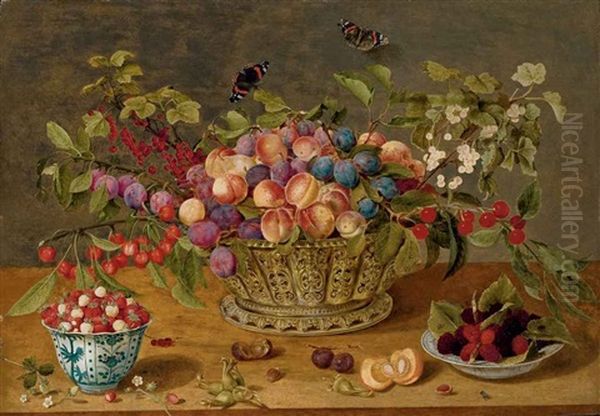 Prunes, Abricots, Cerises Et Groseilles Dans Une Corbeille Avec Coupelles De Framboises Et De Fraises Des Bois Sur Un Entablement Oil Painting by Isaac Soreau