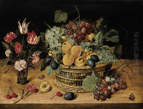 Carnations, Tulips And Other Flowers In A Glass Vase With Peaches, Grapes And Plums In A Basket On A Ledge With Cherries, A Butterfly And A Beetle Oil Painting by Isaac Soreau