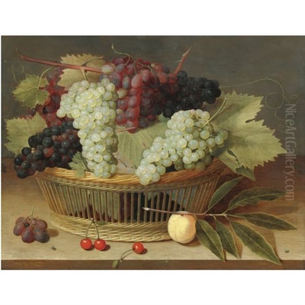 Still Life With Grapes On The Vine In A Basket, With Three Cherries On The Wooden Tabletop Below by Isaac Soreau