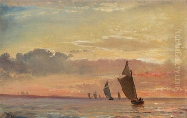 Seascape With Sailing Ships At Evening Time Oil Painting by Carl Fredrick Sorensen