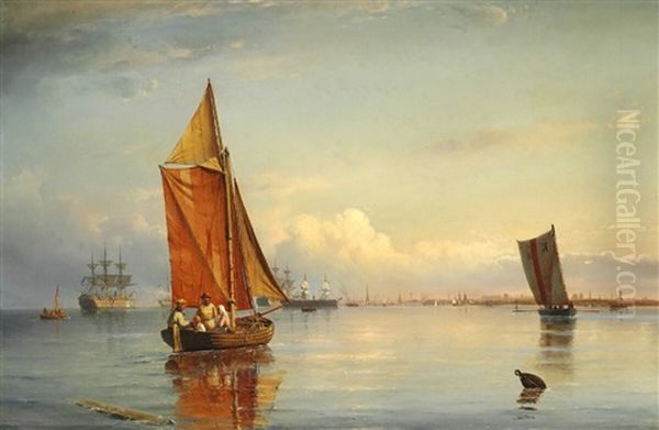 View Of The Port Of Copenhagen With Numerous Ships And A Pilot Boat Oil Painting by Carl Fredrick Sorensen