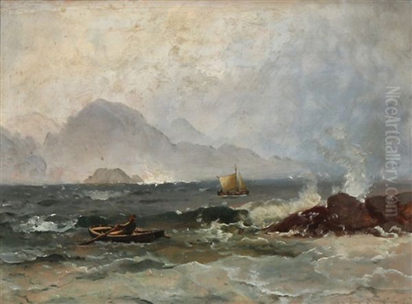 Sailboat And Rowboat On The Sea Oil Painting by Carl Fredrick Sorensen