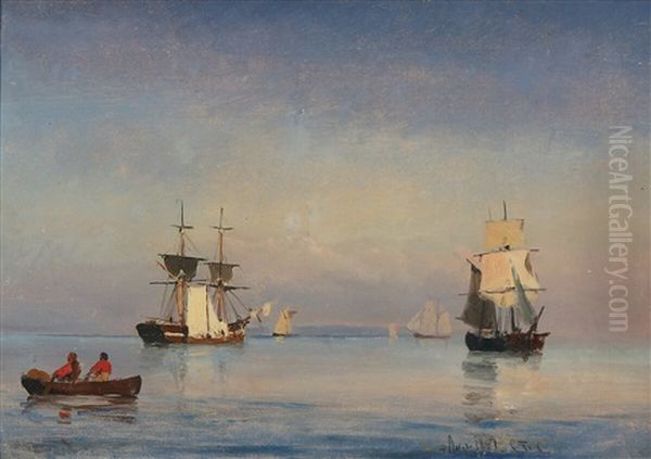 Seascape With Sailing Ships And A Rowing Boat On Still Waters Oil Painting by Carl Fredrick Sorensen