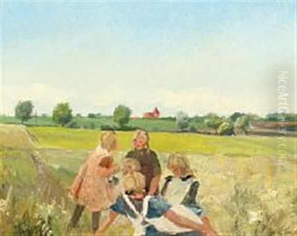 Danish Landscape With Playing Girls In The Fields Oil Painting by Eiler (Carl) Sorensen