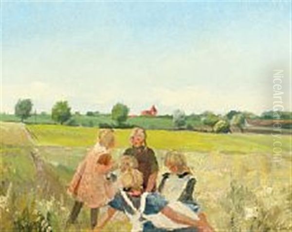 Danish Landscape With Playing Girls In The Fields Oil Painting by Eiler (Carl) Sorensen