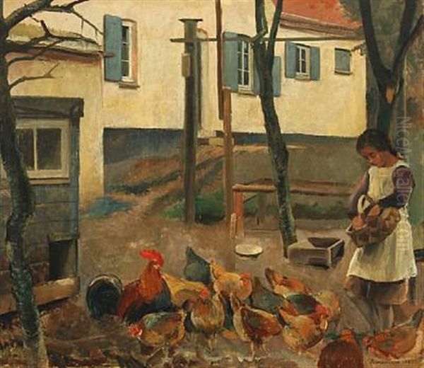 Young Girl Feeding The Hens Oil Painting by Eiler (Carl) Sorensen