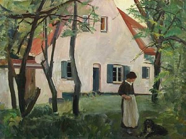 Danish Summer Landscape With A Woman And Her Dog In A Garden By A House by Eiler (Carl) Sorensen