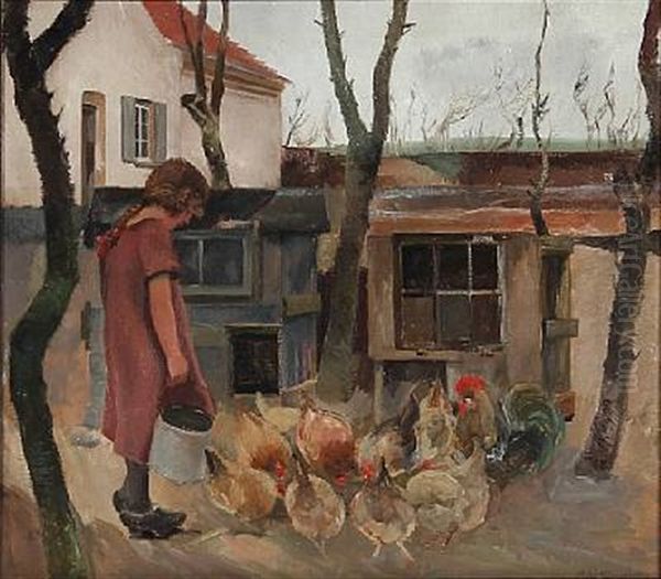 A Girl Feeding Chickens by Eiler (Carl) Sorensen