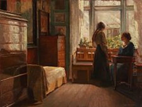 Interior With A Mother And Daughter At A Window by Eiler (Carl) Sorensen