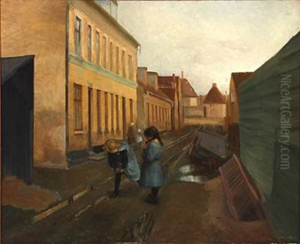 Street Scene With Children Playing by Eiler (Carl) Sorensen