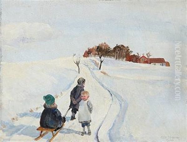 Winter Day In The Country With Children Playing With A Toboggan Oil Painting by Eiler (Carl) Sorensen