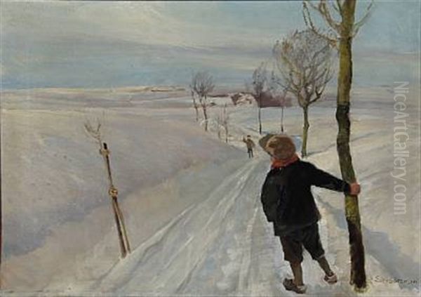 Winter Landscape With Two Friends Meeting On The Country Road by Eiler (Carl) Sorensen