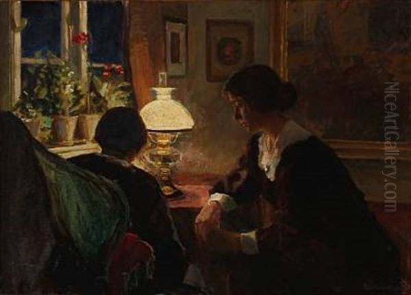 Ved Lampen (near The Lamp) Oil Painting by Eiler (Carl) Sorensen