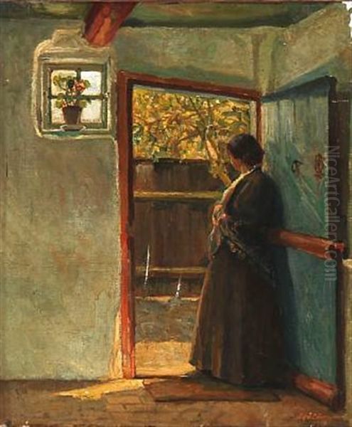 Interior With A Lady In The Doorway by Eiler (Carl) Sorensen