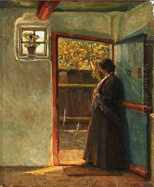 Interior With A Lady In The Doorway Oil Painting by Eiler (Carl) Sorensen