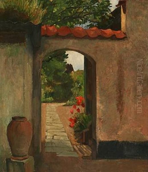 Blooming Tulips By A Garden Wall Oil Painting by Eiler (Carl) Sorensen